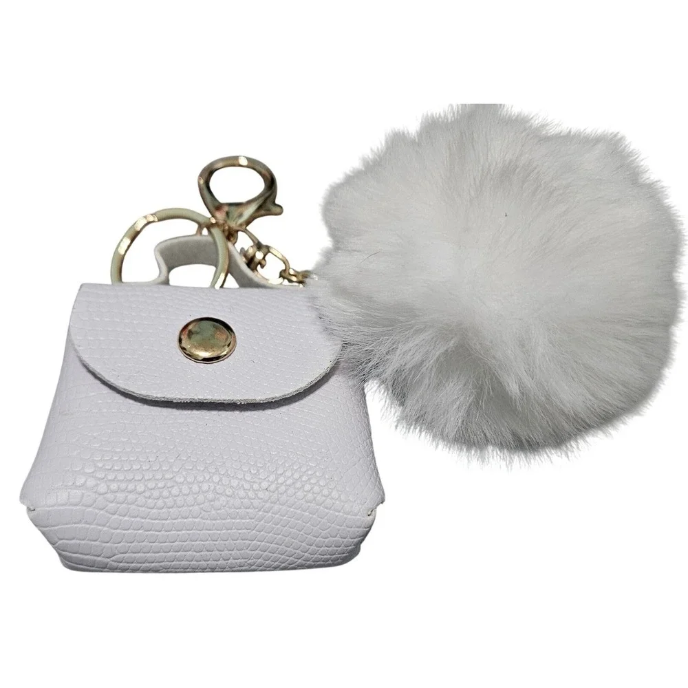 White Croc Embossed Mini Bag Keychain with Faux Fur Pom Pom Charm Gold Hardware